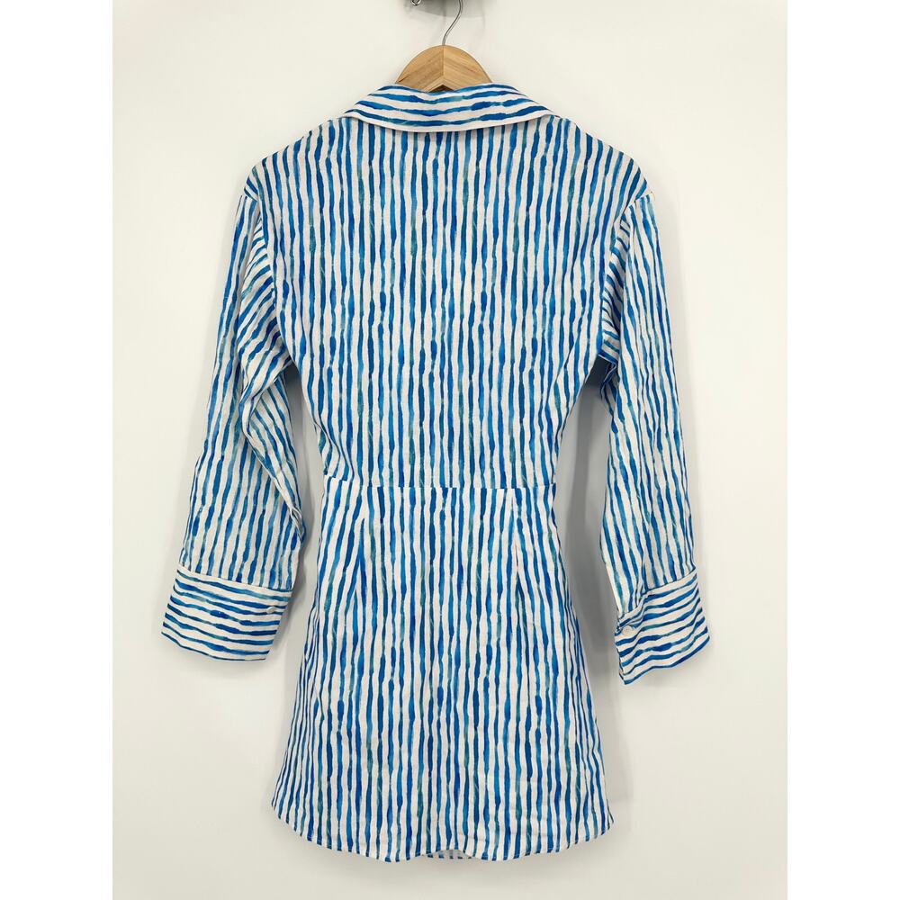 ZARA Striped Knot Cut Out Mini Dress Linen Blend Long Sleeve Blue/ White NWT - Picture 9 of 14